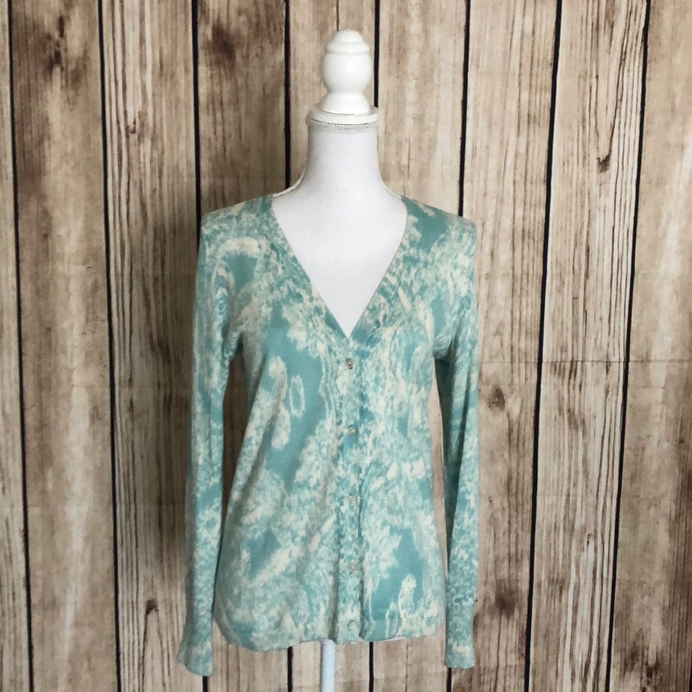 Talbots Aquamarine/Soft White Floral Lightweight Soft Knit Button Down Cardigan